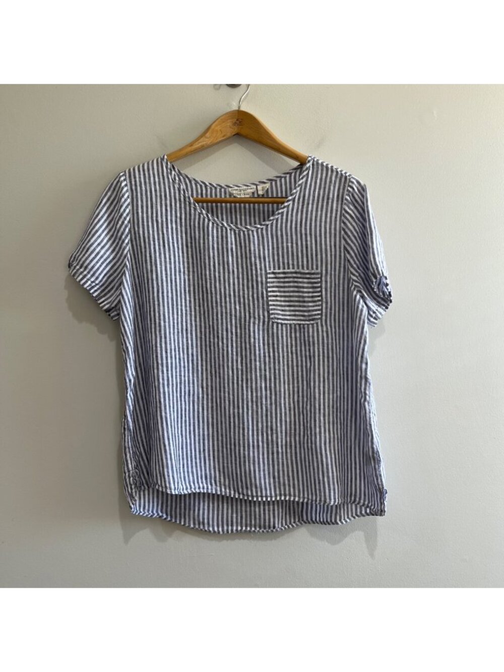 Christian Siriano Blue Striped Linen Blouse Womens L Pocket Coastal Beach
